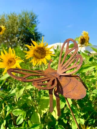 Hummel vor einer Sonnenblume - Gartenstecker für den Herbst